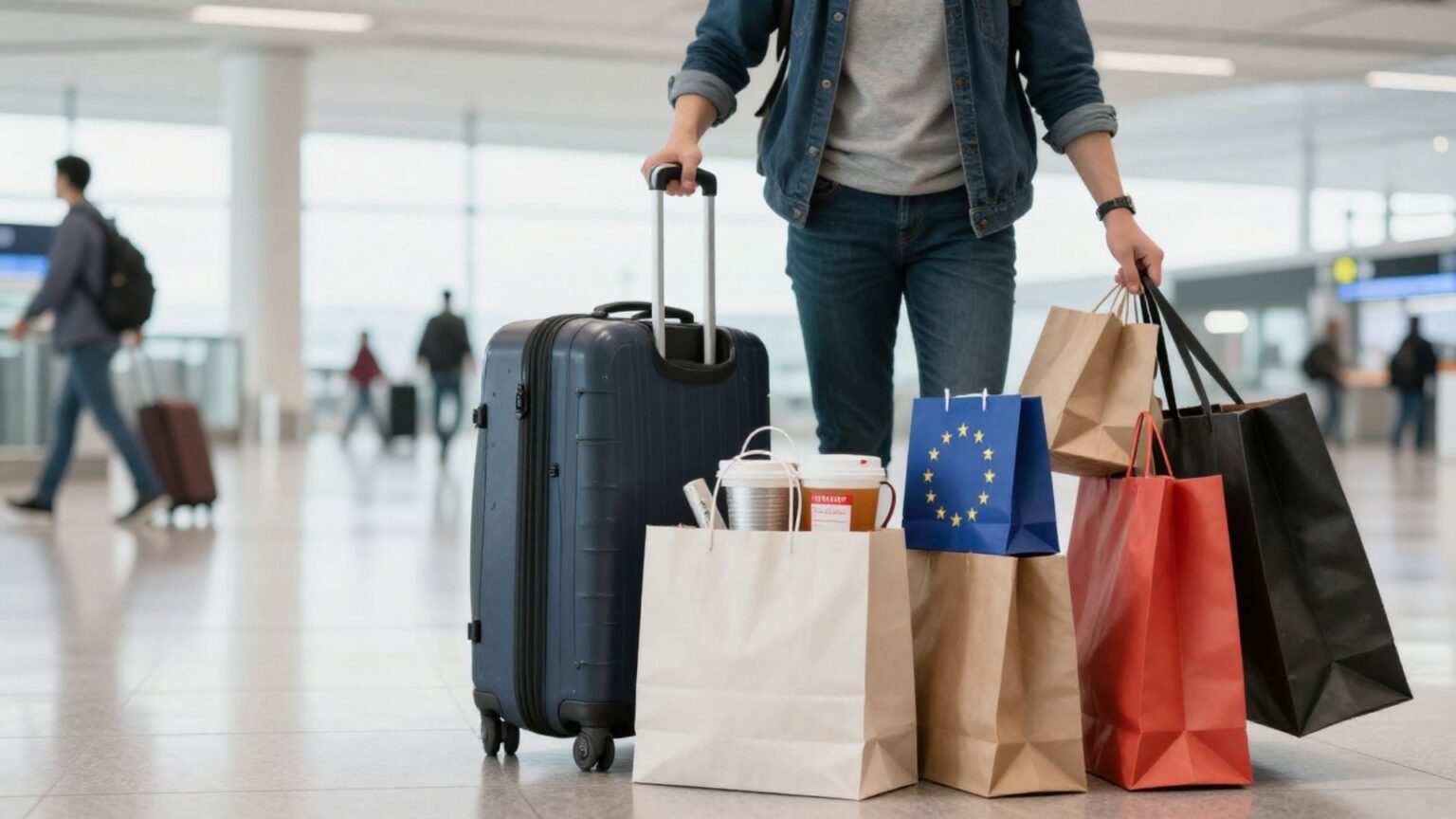 Viajero saliendo de la UE con compras, simbolizando exención de IVA correcta y salida efectiva de bienes. PRemier Tax Procedure