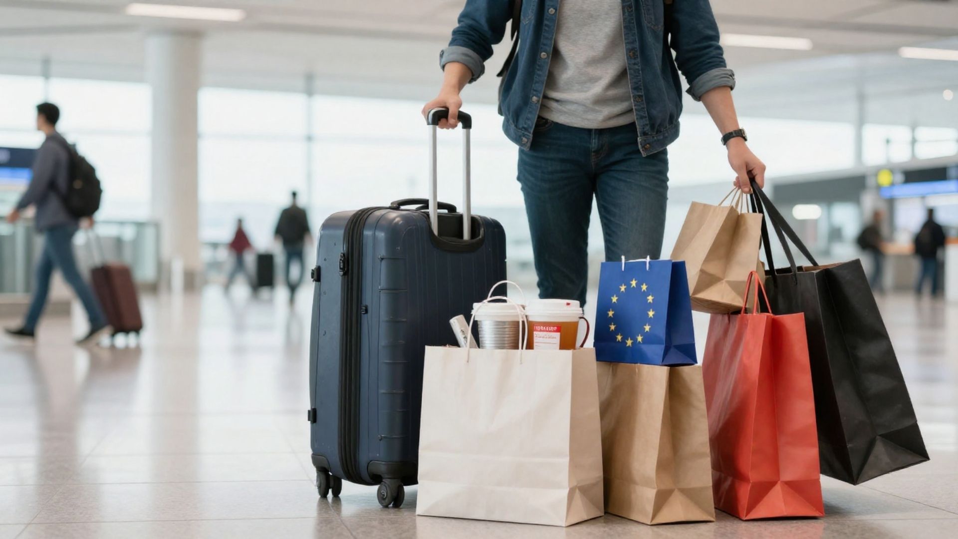 Viajero saliendo de la UE con compras, simbolizando exención de IVA correcta y salida efectiva de bienes. PRemier Tax Procedure