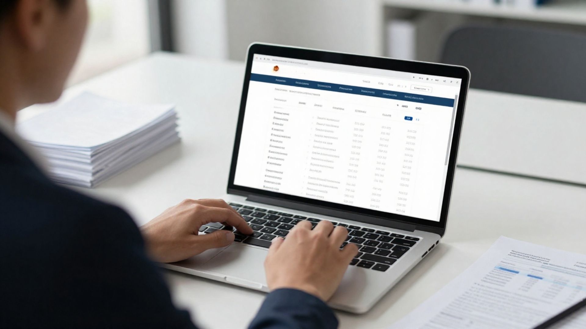 Administrador español de espaldas revisando documento de Hacienda española en laptop, simbolizando evaluación legal y responsabilidad. Premier Tax Procedure